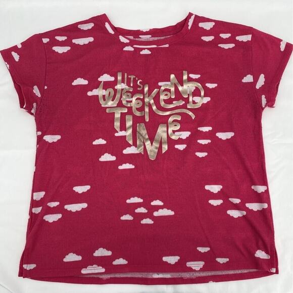 Dip Girls Graphic T-Shirt Pink White All Over Clouds Its Weekend Time Crew XL 16 - Picture 1 of 9
